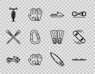 Tüm arazi araçları ya da ATV motosikleti, Snowboard, Jet ski, eldivenler, bisiklet, Carabiner, sörf tahtası ve kaykay hilesi ikonu. Vektör