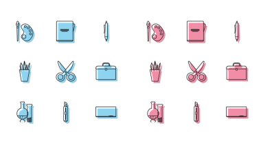 Sınav tüpü ve matara kimyasal laboratuvar testi, kırtasiye bıçağı, paletli boya fırçası, tahta, makas, evrak çantası, kalem kağıdı ve defter simgesi. Vektör