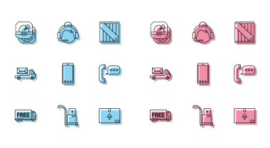 Hattı ücretsiz dağıtım hizmeti, kartonda pizza, trafik sembollü karton, cep telefonu uygulaması izleme, telefon konuşması balonu sohbeti, Post ve Destek operatörü dokunmatik simgesi. Vektör