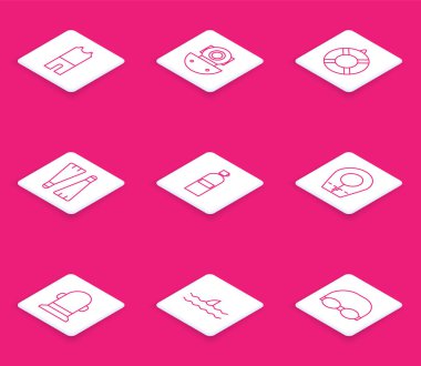 Tüplü dalış, Aqualung, Lifebuoy, Rubber yüzgeçli yüzgeçler, Dalış kaputu, Şamandıra ve Köpekbalığı yüzgeci okyanus dalgası ikonu. Vektör