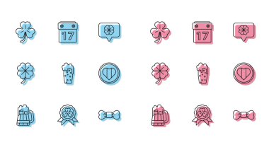 Sıra ahşap bira kupası, dört yapraklı yonca, dört papyonlu madalya, papyon, Glass of, Heart and Happy Saint Patrick Day ve Patrick 'in takvim ikonu. Vektör