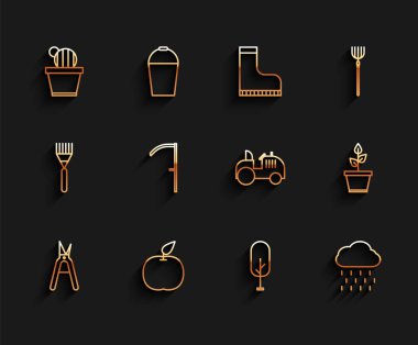 Bahçıvan makası, Elma, Kaktüs sulu tencere, Ağaç, Yağmurlu Bulut, Tırpan, Bitki ve Traktör ikonu. Vektör