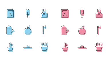 Kaktüs, kabın içinde sulu, işçi şapkası, bitkiler, elma, tahta balta, sulama kutusu ve ağaç ikonu gibi özel bitki tohumlarıyla dolu bir paket. Vektör