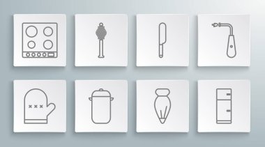 Set hattı fırın eldiveni, Bal Dipper çubuğu, yemek pişirme kabı, kek süsleme poşeti, buzdolabı, bıçak, uzun elektrik çakmağı ve gaz sobası ikonu. Vektör