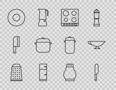 Grater, Knife, Gaz sobası, Buzdolabı, Tabak, Yemek tenceresi, Tuz, Biber ve Sos Teknesi ikonu. Vektör