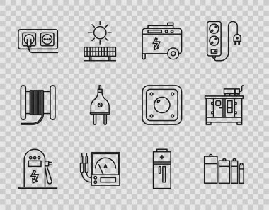 Elektrik hattı şarj istasyonu, pil, taşınabilir elektrik jeneratörü, Ampere ölçer, multimetre, voltmetre, elektrik prizi, prize ve dizel ikon ayarlayın. Vektör