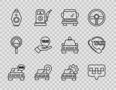 Taksi, harita işaretleyicisi, taksi, araba, anahtar kumandası, haritadaki el, servis ve telefon ikonu. Vektör