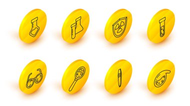 Çizgi test tüpü ve matara kimyasalı, cımbız, mikroorganizmaları büyüteç, laboratuvar gözlüğü, kalkanda radyoaktif ve ikona ayarla. Vektör