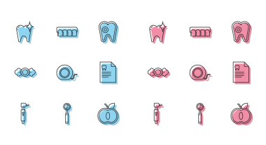 Diş matkabı, diş kontrolü aynası, beyazlatma konsepti, elma, diş ipi, dişçi kartlı pano, şeker ve takma diş ikonu. Vektör
