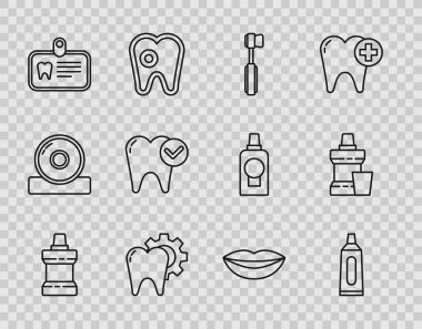 Ağız gargarası plastik şişesi, diş macunu tüpü, diş fırçası, tedavi prosedürü, kimlik kartı, beyazlatma konsepti, gülen dudaklar ve ikon. Vektör