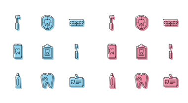 Tüpü diş macunu, diş fırçası, diş fırçası, kimlik kartı, pano dişçi, Çevrimiçi bakım ve diş koruma ikonu olarak ayarla. Vektör