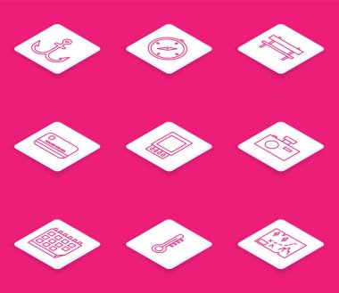 Satır Anchor, Compass, Bench, Kredi kartı, kibrit kutusu ve kibritler, Fotoğraf makinesi, Takvim ve Meteoroloji termometresi simgesi. Vektör