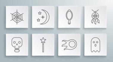 Set hattı, Kurukafa, Ay ve yıldızlar, sihirli değnek, Ateş Topu, Hayalet, el aynası, tüylü rüya yakalayıcı ve örümcek ağı ikonu. Vektör