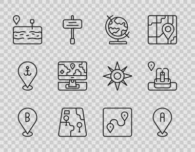 Hat konumu, Dünya küresi, şehir haritası navigasyonu, bozuk yol, konum işaretleyicili monitör, rota ve çeşme simgesi. Vektör