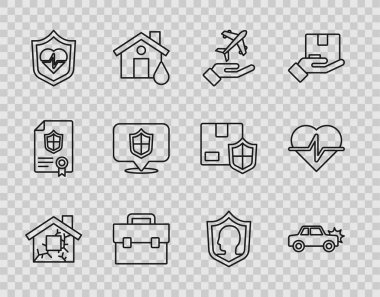 House, Car, uçak, evrak çantası, kalkanlı hayat sigortası, konum ve ikon. Vektör