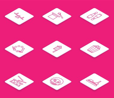 Tahterevalli, Sihirli şapka ve değnek, bovling pimi, hokkabaz topu, havai fişek roketi, patlamış mısır kutusu, davul sopalı davul ve palyaço kafası ikonu. Vektör