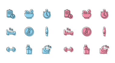 Set hattı Dumbbell, bir şişe bardak su, spor eğitim programı, uyku zamanı alkol yok, Smartwatch ve salata kasesi ikonu. Vektör