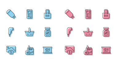 Sabit hat kredi kartı, sigara paketi, salam sosisi, konserve balık, alışveriş septi, kahve kavanozu şişesi, tarayıcı barkodu ve kağıt ya da finansal çek simgesi. Vektör