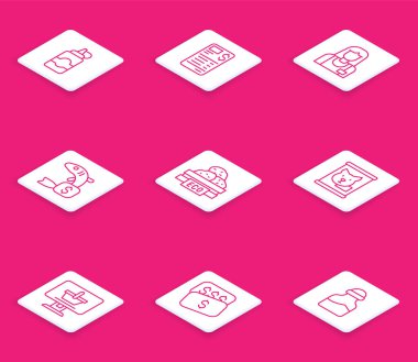 Sos şişesi, kağıt ya da finans çeki, balık etiketi, tahta kutu meyveler, konserve yiyecekler, bilgisayarda alışveriş arabası ve yeni fiyat dolar ikonu. Vektör