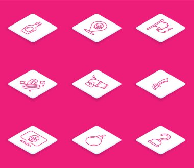 Rom, yer korsanı, korsan bayrağı, bozuk para, top, kılıç, Kafatası ve Bomba patlamaya hazır. Vektör