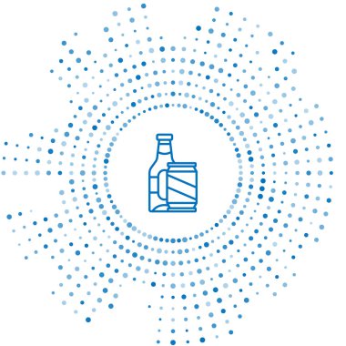 Mavi çizgi bira şişesi ve beyaz arka planda izole edilmiş bira kutusu ikonu. Soyut çember rastgele noktalar. Vektör.