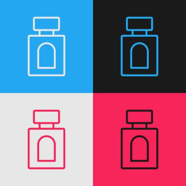 Pop sanat eseri tıraş losyonu ikonu renk arkaplanında izole edilmiş. Parfüm spreyi ikonu. Erkek parfüm şişesi. Vektör