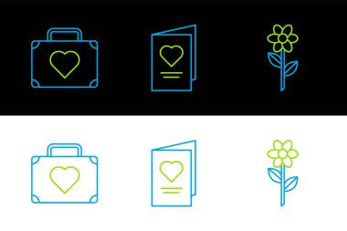 Hattı belirle, Çiçek, seyahat için bavul kalp ve sevgililer günü parti ikonu. Vektör