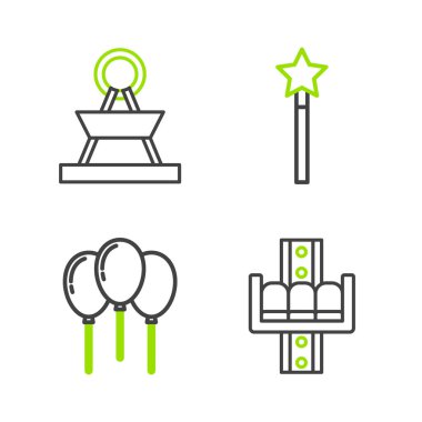 Çizgi atlıkarınca, kurdeleli balonlar, sihirli değnek ve ikon. Vektör