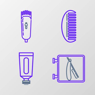 Tıraş makinesi, krem losyon kozmetik tüpü, saç fırçası ve elektrikli saç kesme makinesi ikonu olan bir berber dükkanı ayarla. Vektör