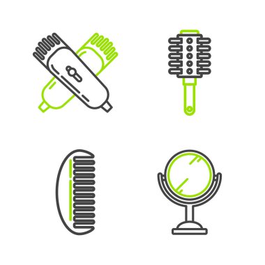 El aynası, saç fırçası ve çapraz elektrikli saç kesme makinesi ikonu. Vektör