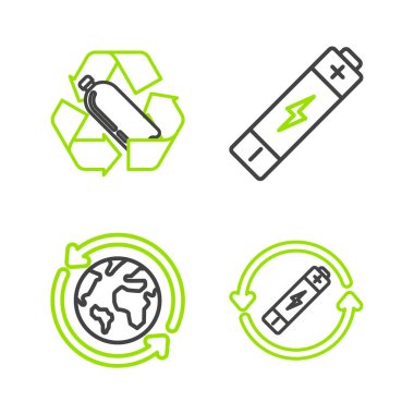 Bataryayı geri dönüşüm sembolü çizgisi, Dünya gezegeni ve geri dönüşüm ve plastik şişe ikonu ile ayarla. Vektör