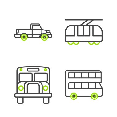 İkili sıra otobüsü, okul otobüsü, tramvay ve tren yolu ve kamyonet ikonu. Vektör