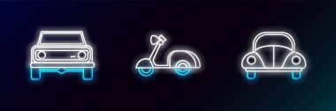 Hat arabası, off road car ve scooter ikonu. Parlayan neon. Vektör