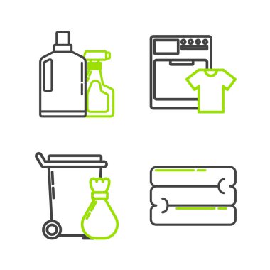 Havlu yığını, çöp tenekesi, çamaşır makinesi, tişört ve sıvı bulaşık deterjanı için plastik şişeler. Vektör