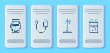 Şarj hattı, yüksek voltajlı elektrik direği, elektrik sayacı ve araba akü ikonu. Vektör