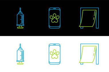 Evcil hayvan için Line Door 'u, aşılı şırıngayı ve çevrimiçi veteriner kliniği sembolü ikonunu ayarla. Vektör