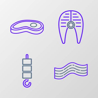 Pastırma şeridi, ızgara şiş kebap şiş çubuğu, balık bifteği ve biftek ikonu. Vektör