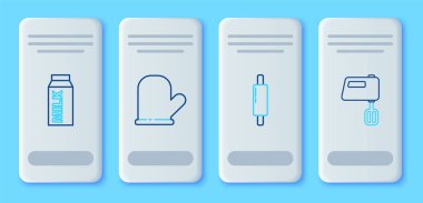 Fırın eldiveni, merdane, süt ve elektrik karıştırıcı ikonu için kağıt paketi. Vektör