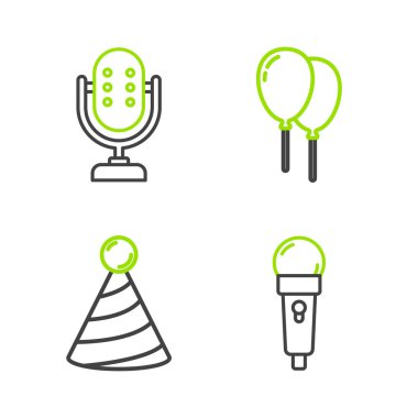 Sıra Mikrofon, Parti şapkası, kurdeleli balonlar ve ikon. Vektör