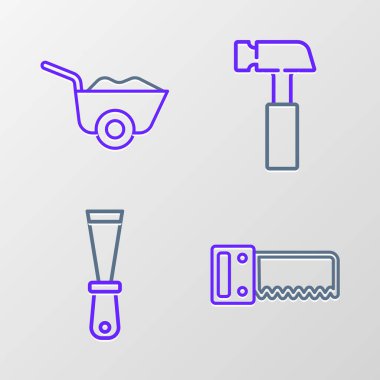 El testeresi, macun bıçağı, çekiç ve el arabası ikonu. Vektör