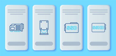 Satır Optik disk sürücüsü, SSD kartı, Video grafik ve SSHD simgesi ayarla. Vektör