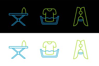 Çizgili kıyafet broşu, ütü masası ve tişört ikonlu leğen. Vektör