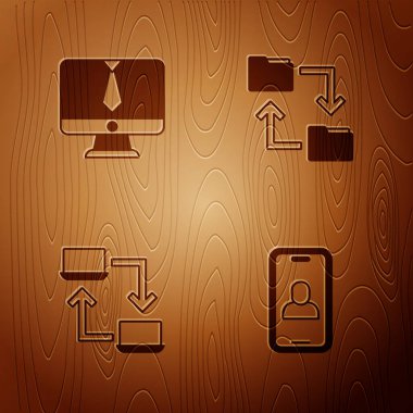 Video sohbet konferansı, çevrimiçi çalışma ve ahşap arkaplanda Bulut depolama belgesi dizinini ayarla. Vektör