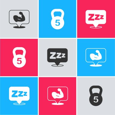 Vücut geliştirici kas, ağırlık ve uyku ikonu ayarlayın. Vektör