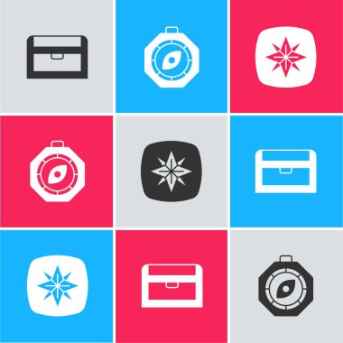 Antika hazine sandığı, pusula ve rüzgar gül ikonu. Vektör