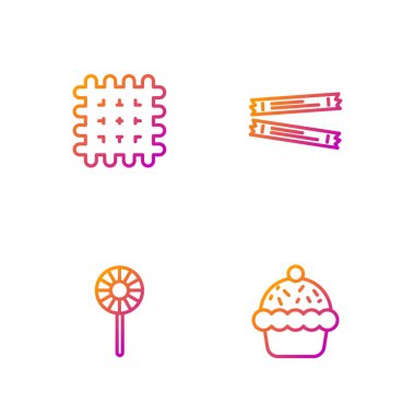 Cupcake, Lollipop, bisküvi ve şeker paketleri. Renk simgeleri. Vektör.