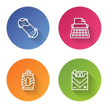 Sıralı kaykay numarası, retro daktilo, saman ve sigara dolu soda kutusu. Renkli daire düğmesi. Vektör