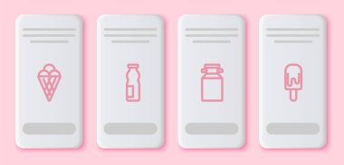 Dondurmayı waffle külahına koy, yoğurt şişesi iç, süt için konteynır ve... Beyaz dikdörtgen düğme. Vektör