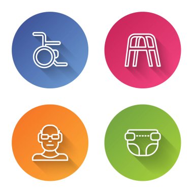 Tekerlekli sandalye, Walker, kötü görme ve yetişkin bezi ayarlayın. Renkli daire düğmesi. Vektör