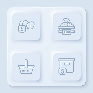 Yumurta için Price etiketi, tahta kutu meyveler, alışveriş sepeti ve fiyatlı karton karton. Beyaz kare düğme. Vektör